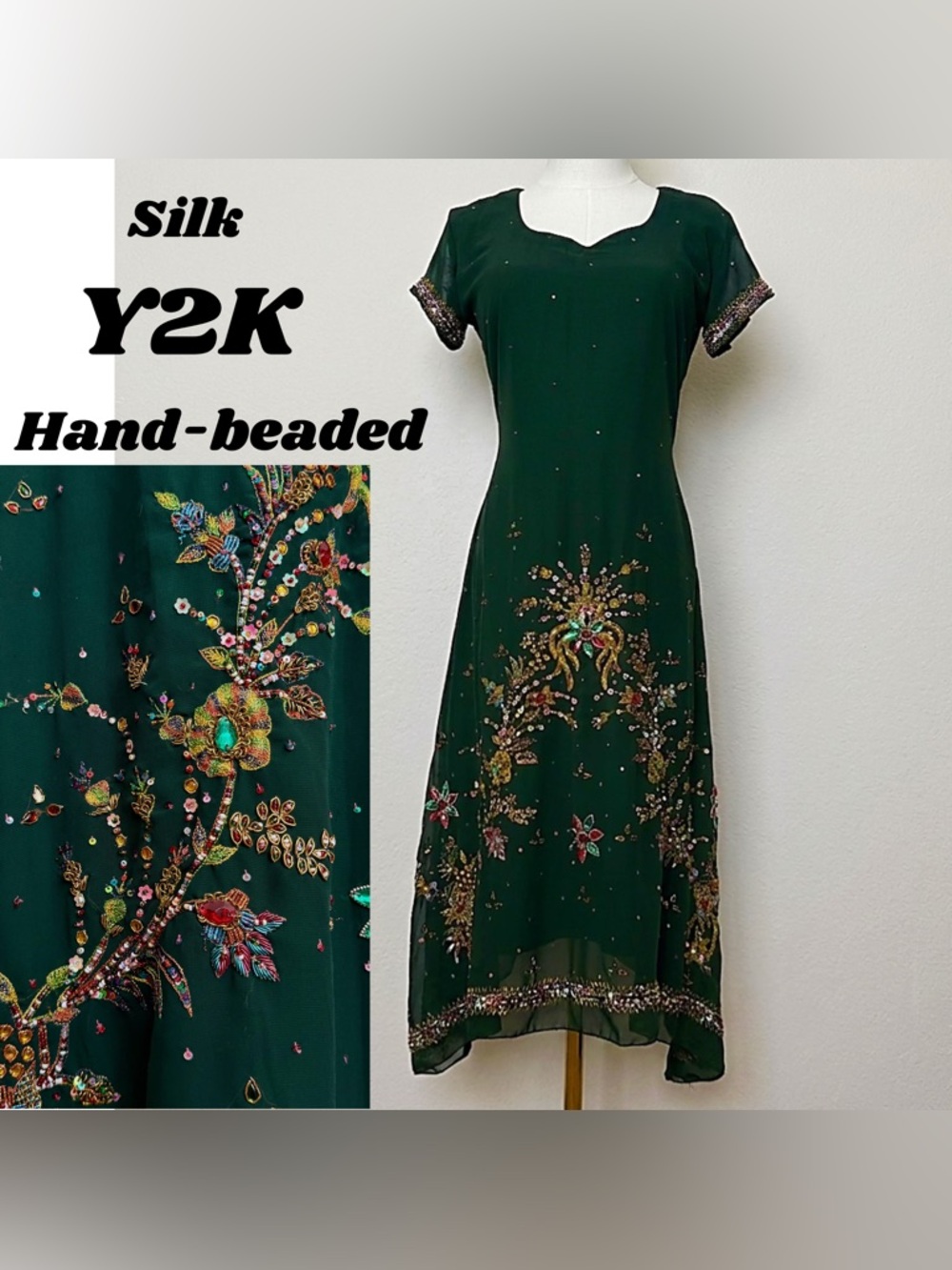 Y2K Beaded Silk Chiffon Whimsigoth Fairy Dress Emerald Green Forest Fairy